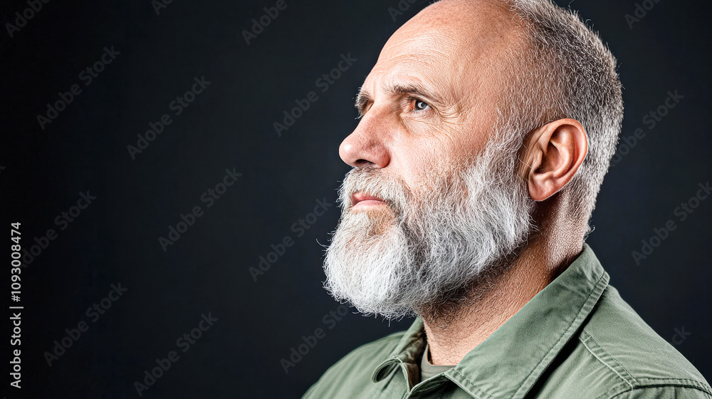 Fototapeta premium Portrait of a mature man studio dark background close-up reflection on life