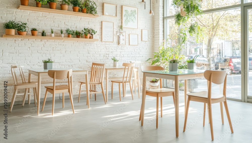 Bright and airy cafe interior with plants, wooden furniture, and natural light. Bright and airy cafe interior with plants, wooden furniture, and natural light.