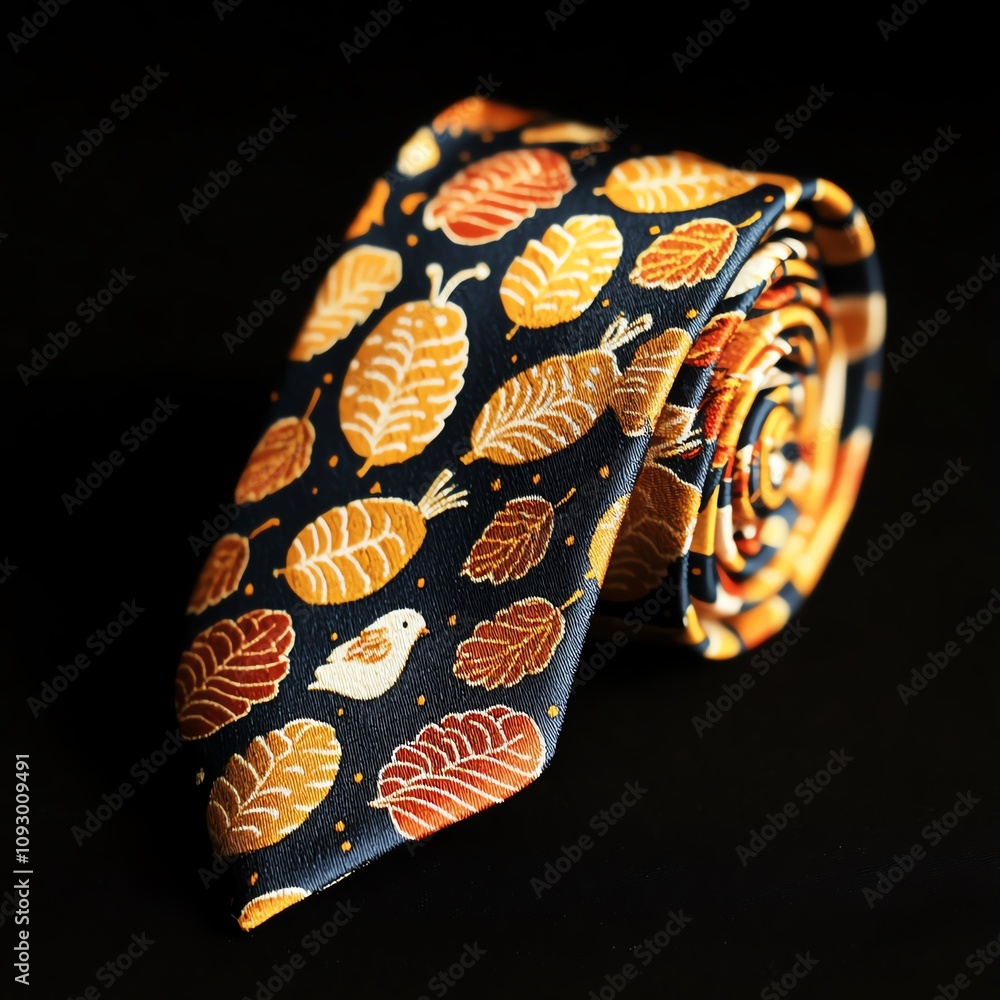 Fototapeta premium Elegant tie with colorful leaf patterns.