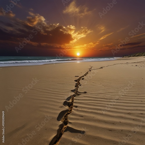 Tranquil beach sunset with dramatic clouds and rippled sand patterns – a serene coastal scene showcasing a vibrant horizon and footprints leading toward the ocean