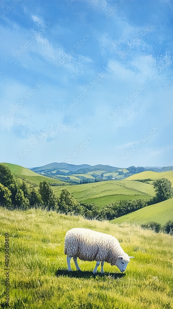 Fototapeta premium White sheep graze peacefully in a vast green meadow with beautiful mountains in the background