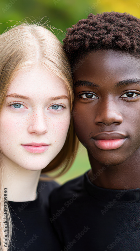 Diverse friendship portrait outdoor park natural setting close-up unity in diversity Diverse friendship portrait outdoor park natural setting close-up unity in diversity