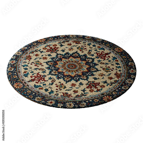 A round rug with a blue and red design