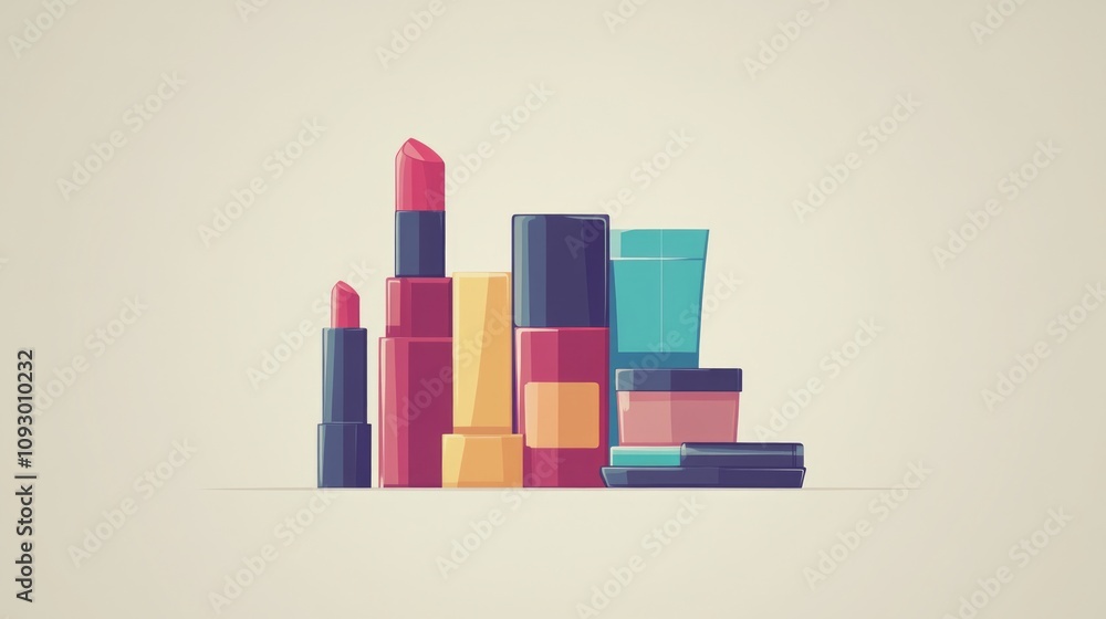 Colorful cosmetics mockup featuring a variety of lipsticks, creams, and powders arranged neatly against a neutral backdrop, ideal for beauty product displays Colorful cosmetics mockup featuring a variety of lipsticks, creams, and powders arranged neatly against a neutral backdrop, ideal for beauty product displays