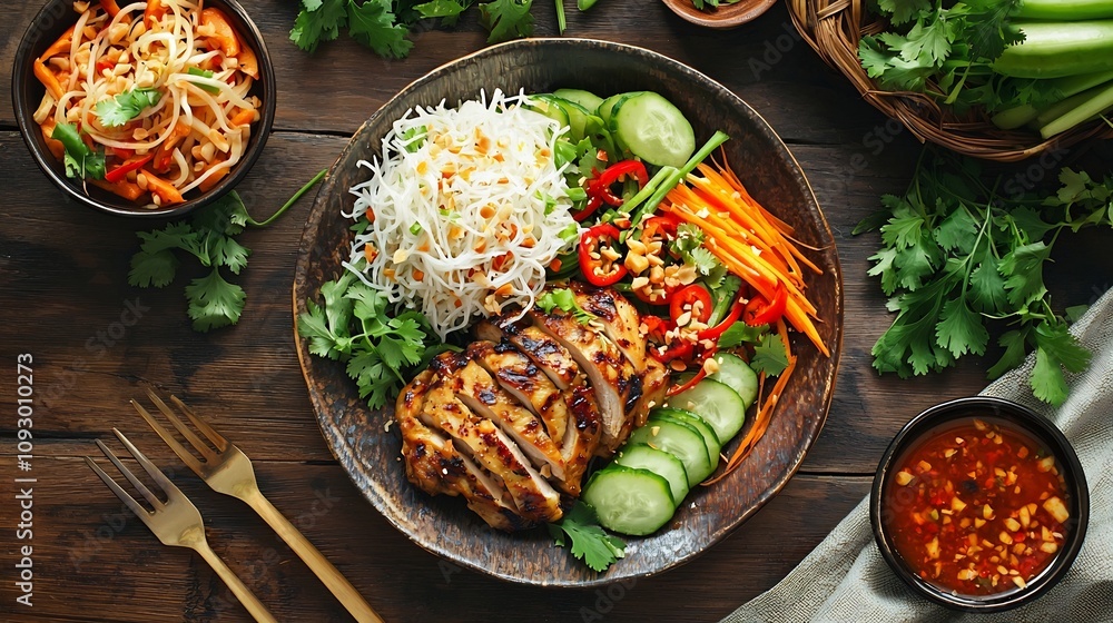Delectable Traditional Thai Meal with Grilled Chicken Papaya Salad and Fresh Vegetables Beautifully Arranged in a Flat Lay on a Rustic Wooden Table Delectable Traditional Thai Meal with Grilled Chicken Papaya Salad and Fresh Vegetables Beautifully Arranged in a Flat Lay on a Rustic Wooden Table
