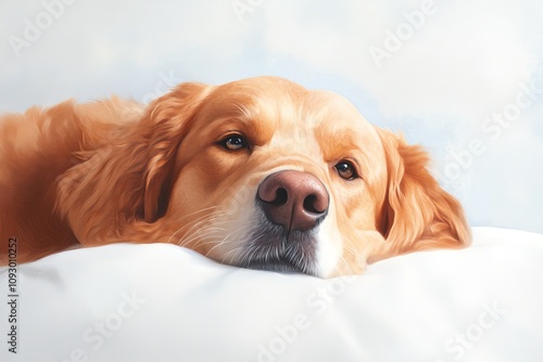 Golden retriever relaxing on a soft surface.