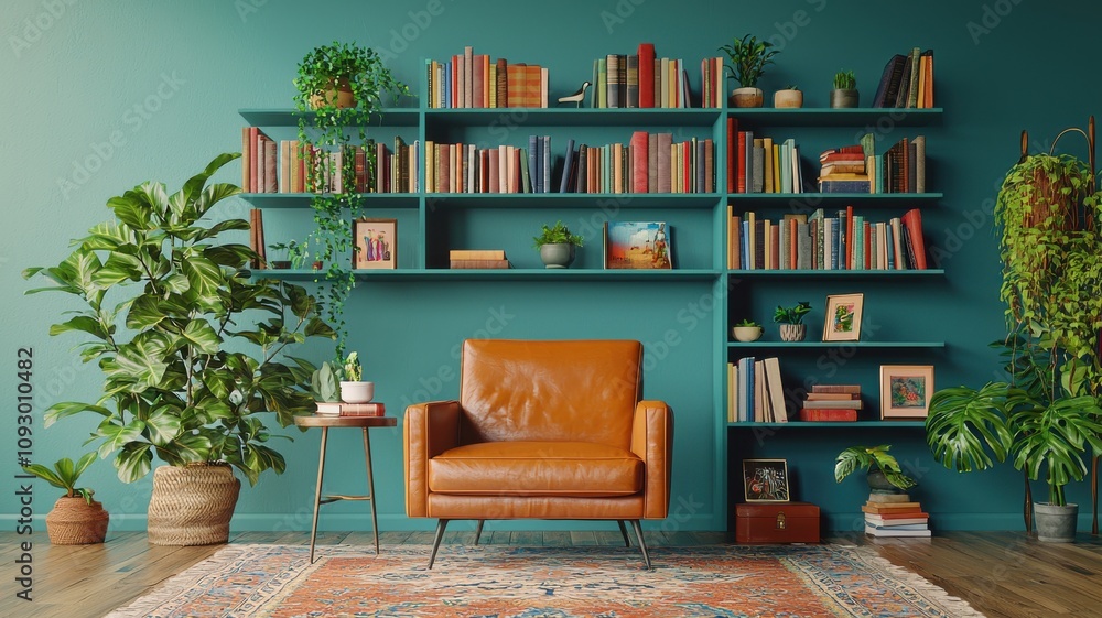 Fototapeta premium Stylish reading nook featuring a cozy chair, vibrant bookshelves, and indoor plants.
