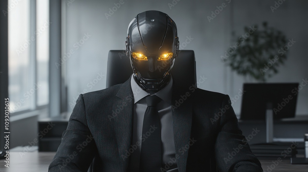 A humanoid robot in a suit sits confidently in an office setting. A humanoid robot in a suit sits confidently in an office setting.