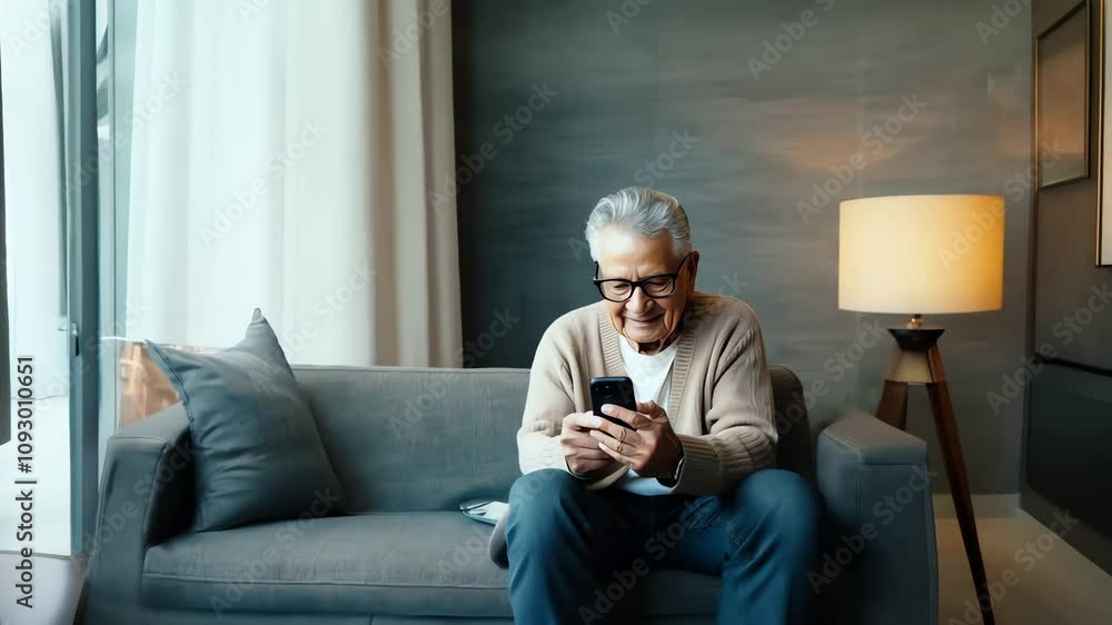 Elderly man exploring a modern tablet in a bright living room, embracing technology with curiosity and delight Elderly man exploring a modern tablet in a bright living room, embracing technology with curiosity and delight