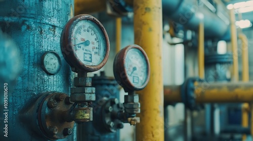 Detailed Close Up of Pipes and Gauges in an Oil Refinery Showing the Complexity of the Machinery This image showcases the intricate network of pipes valves