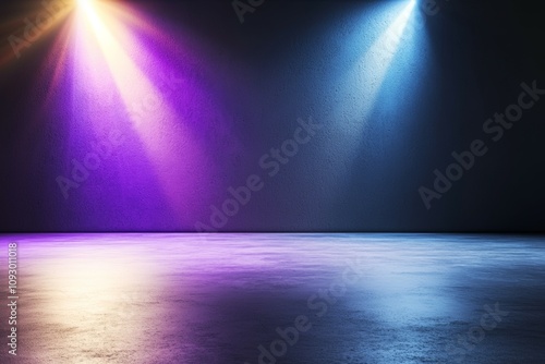 Vibrant colored spotlights illuminate empty concrete stage