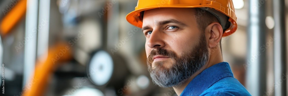 A focused man in an orange hard hat gazes seriously towards the camera in an industrial environment, signifying responsibility and expertise in construction or manufacturing. A focused man in an orange hard hat gazes seriously towards the camera in an industrial environment, signifying responsibility and expertise in construction or manufacturing.