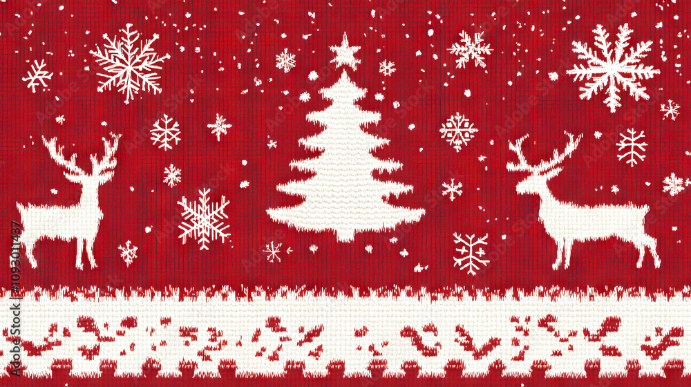 A red and white knit sweater with a tree and deer on it. The tree is in the center and the deer are on the left and right sides. The sweater is red and white and has a festive, wintery feel to it A red and white knit sweater with a tree and deer on it. The tree is in the center and the deer are on the left and right sides. The sweater is red and white and has a festive, wintery feel to it