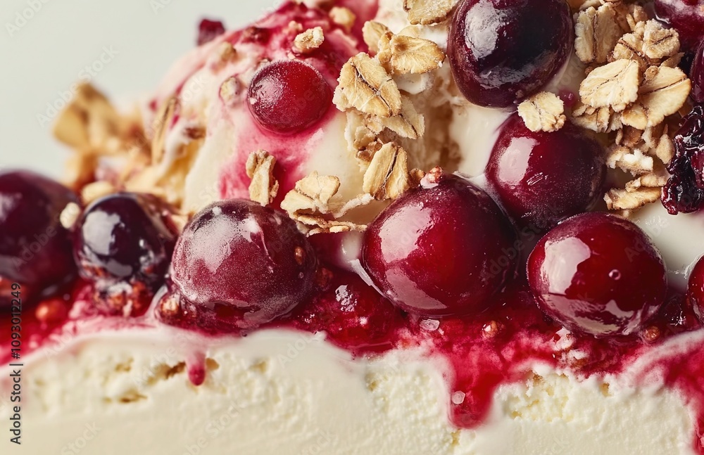 A close-up shot of the ice cream layered with fresh cranberries and granola A close-up shot of the ice cream layered with fresh cranberries and granola