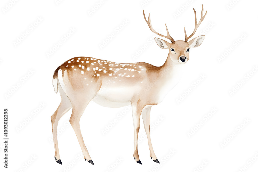 Fototapeta premium Deer with large antlers watercolor illustration isolated on white background 