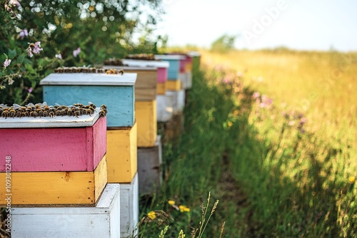 Colorful beehives in row by sunny field photo