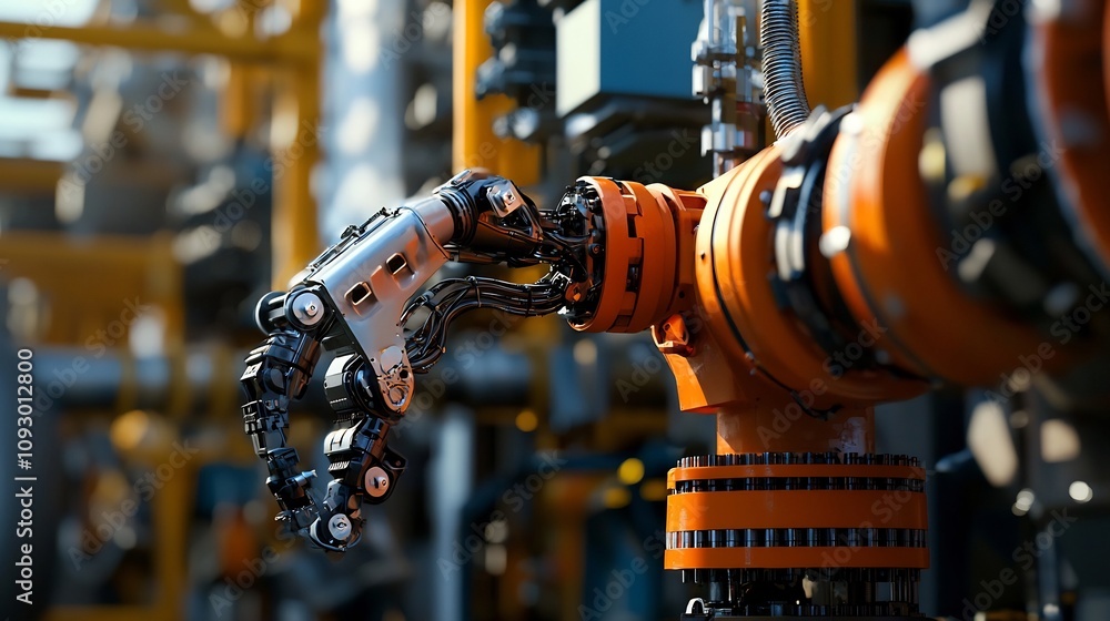 Detailed view of a robotic arm operating on a drilling rig symbolizing automation and innovation in the oil and gas industry Detailed view of a robotic arm operating on a drilling rig symbolizing automation and innovation in the oil and gas industry
