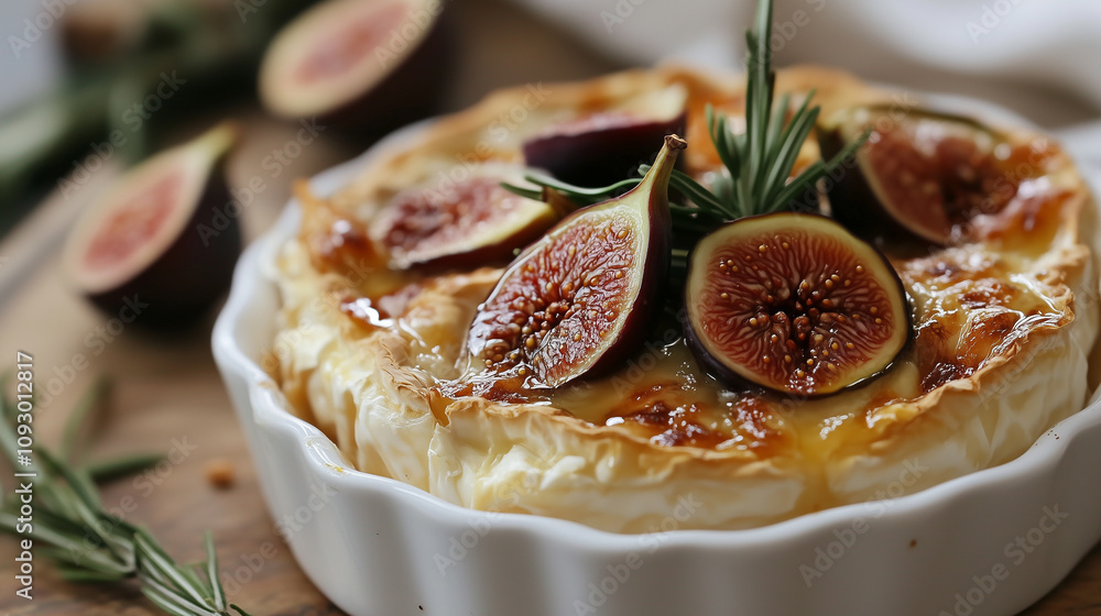 Figs and rosemary on baked camembert cheese Figs and rosemary on baked camembert cheese