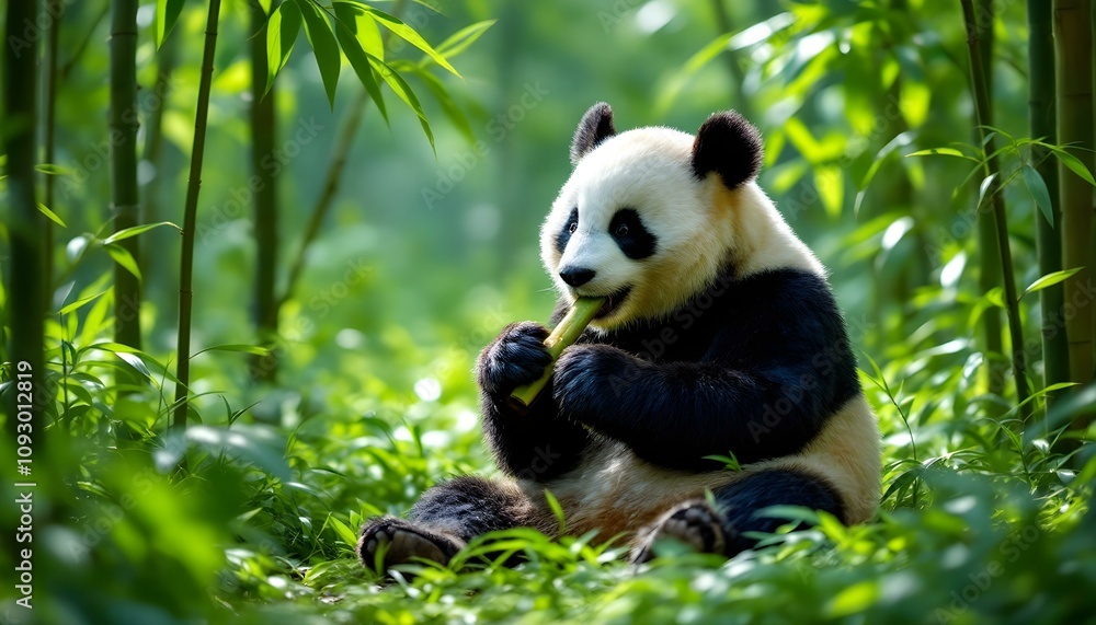 Obraz premium Panda Munching on Bamboo in a Lush Green Bamboo Forest with Soft Natural Lighting