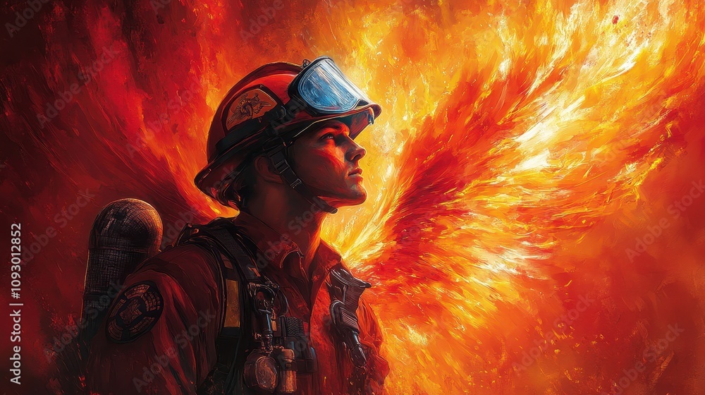 Heroic Firefighter Standing Against a Fiery Backdrop with Courage and Determination in Intense Blaze Heroic Firefighter Standing Against a Fiery Backdrop with Courage and Determination in Intense Blaze