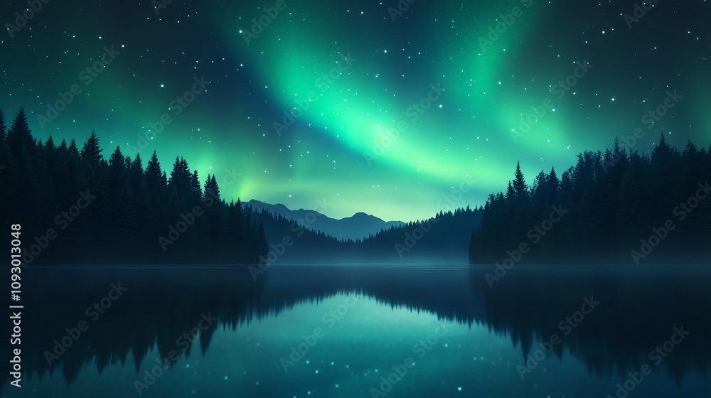 Stunning aurora over tranquil lake landscape. Stunning aurora over tranquil lake landscape.