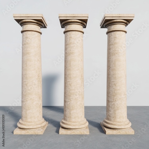 Three classic stone columns, architectural detail.