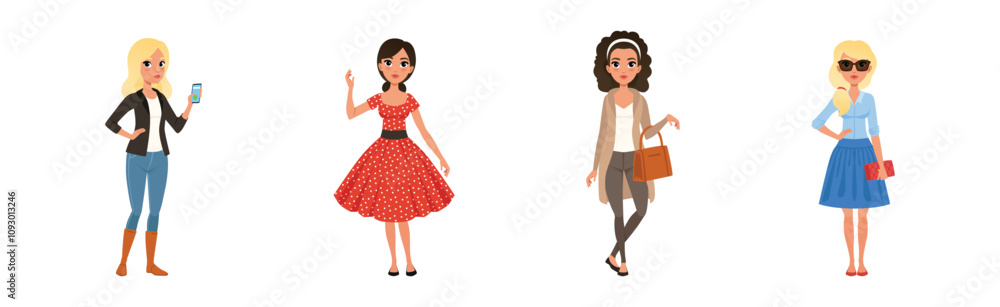 Retro Stylish Young Woman Dressed in Trendy Clothes Vector Set Retro Stylish Young Woman Dressed in Trendy Clothes Vector Set
