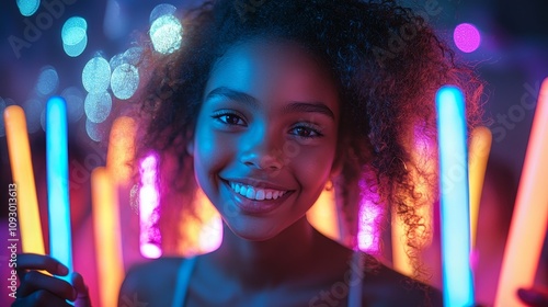 Joyful girl smiling with colorful glowing light sticks in vibrant background