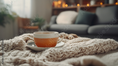 Wallpaper Mural Warm cup of tea on a homemade knitted blanket Torontodigital.ca