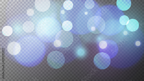 Bokeh lights. Transparent background. Bright blurred overlay template. Abstract blur light effect. Vector illustration.