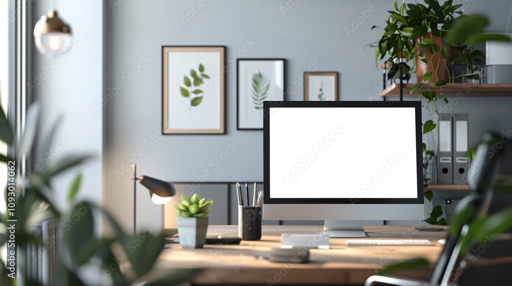 Cozy and Productive Minimalist Home Office Workspace with Laptop Computer Potted Plants Framed Wall Decor and Organized Shelving Cozy and Productive Minimalist Home Office Workspace with Laptop Computer Potted Plants Framed Wall Decor and Organized Shelving