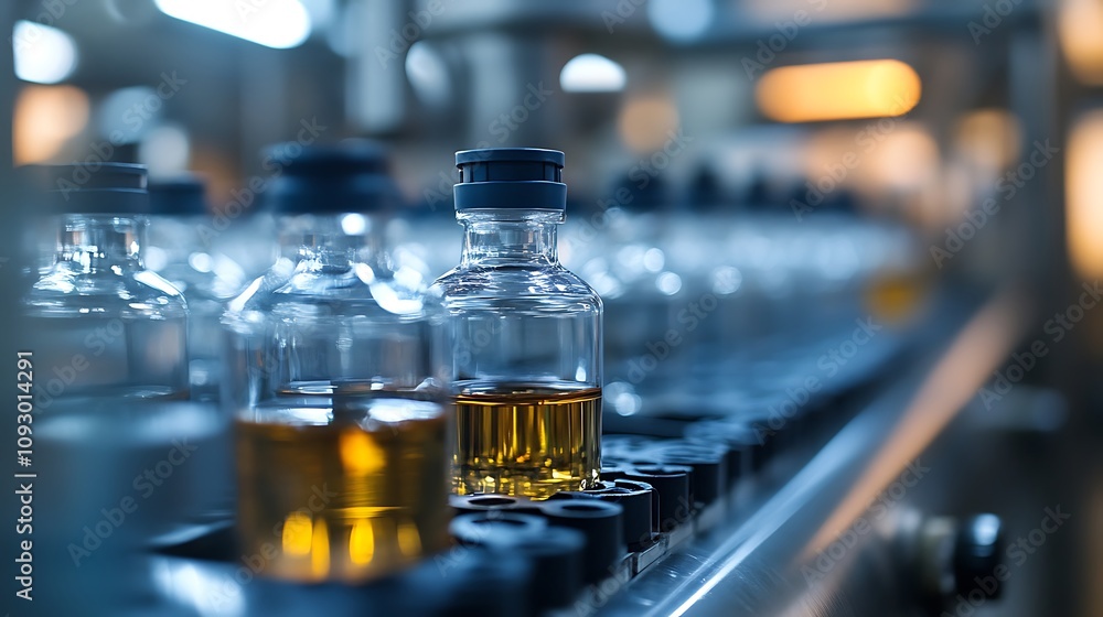 Close-Up of Glass Bottles on Beverage Production Line Photo Close-Up of Glass Bottles on Beverage Production Line Photo