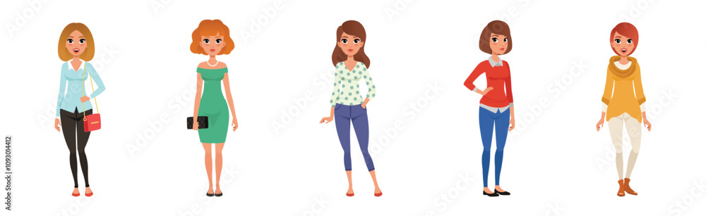 Retro Stylish Young Woman Dressed in Trendy Clothes Vector Set Retro Stylish Young Woman Dressed in Trendy Clothes Vector Set