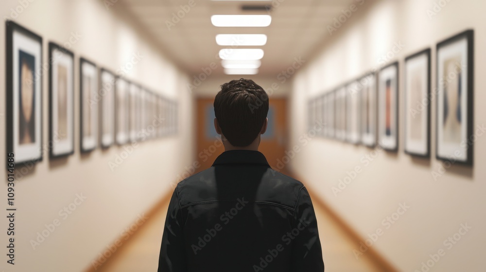 A realistic 3D image of a professional walking confidently through a hallway lined with inspirational quotes and artwork A realistic 3D image of a professional walking confidently through a hallway lined with inspirational quotes and artwork