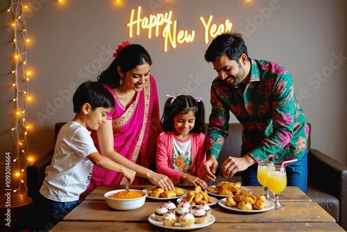 Indian Family Joyfully Celebrating New Year's Eve with Delicious Treats