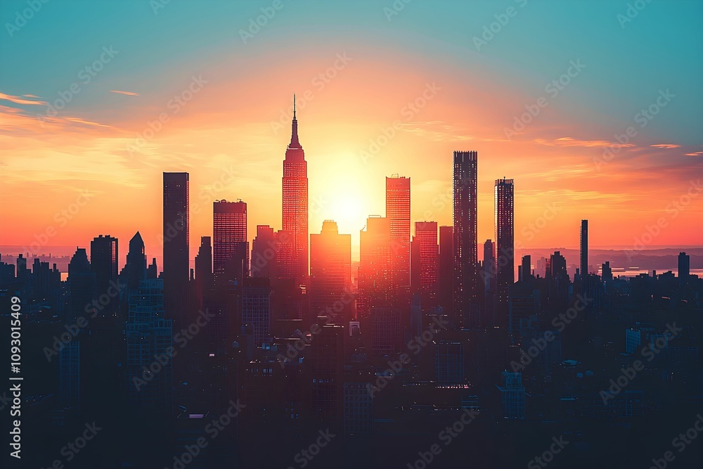 City skyline silhouetted against vibrant sunset in New York City skyline silhouetted against vibrant sunset in New York