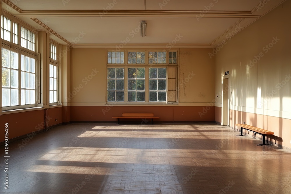 Sunlight streams through windows in an empty room with wooden benches and warm walls Sunlight streams through windows in an empty room with wooden benches and warm walls