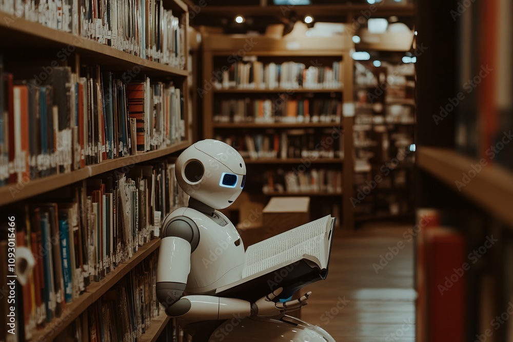 AI Robot Reading in a Library, Symbolizing Learning and Artificial Intelligence. AI generated illustration AI Robot Reading in a Library, Symbolizing Learning and Artificial Intelligence. AI generated illustration