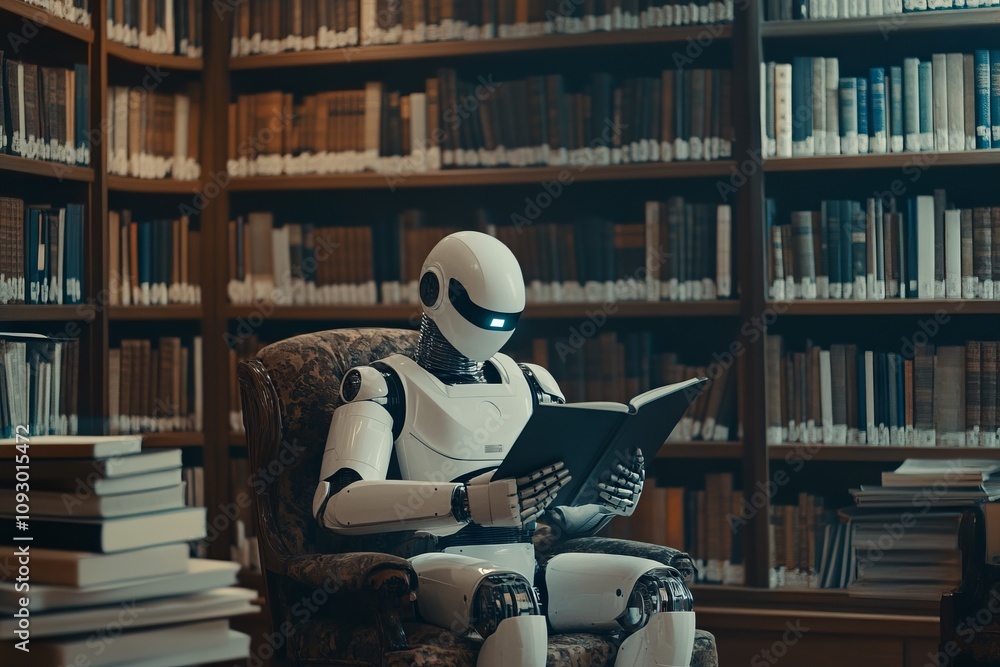 AI Robot Reading in a Library, Symbolizing Learning and Artificial Intelligence. AI generated illustration AI Robot Reading in a Library, Symbolizing Learning and Artificial Intelligence. AI generated illustration