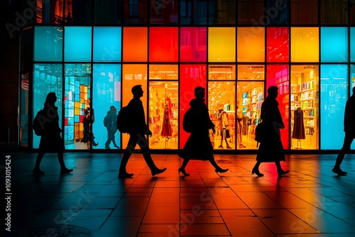 Vibrant silhouettes walk past a colorful retail window display photo