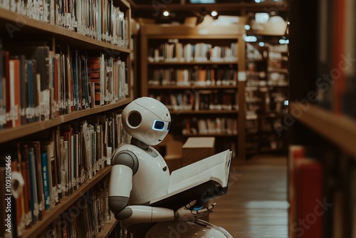 AI Robot Reading in a Library, Symbolizing Learning and Artificial Intelligence. AI generated illustration