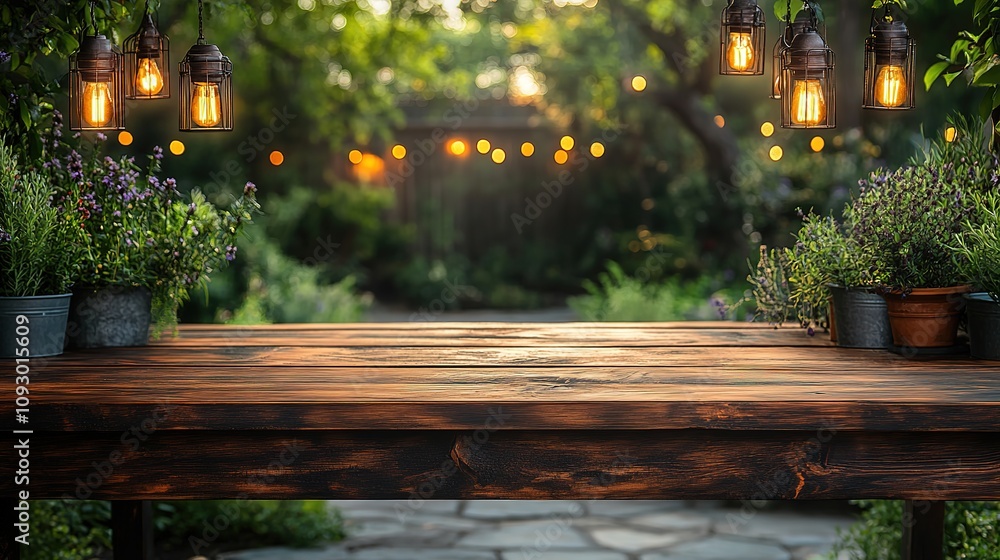 Dark wooden table in front of blurred garden lights background perfect for display or product montage. 8k Resolution Dark wooden table in front of blurred garden lights background perfect for display or product montage. 8k Resolution