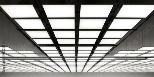 Ceiling of production room with panel lighting, rows of industrial ceiling luminaires, lighting