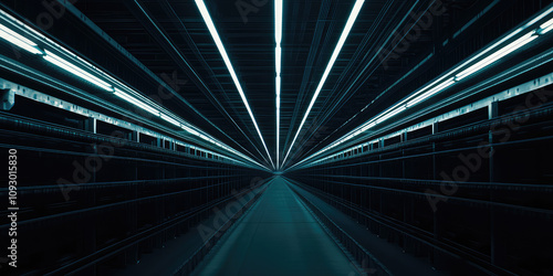 Ceiling of production room with panel lighting, rows of industrial ceiling luminaires, lighting