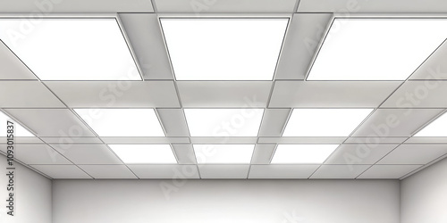 Ceiling of production room with panel lighting, rows of industrial ceiling luminaires, lighting
