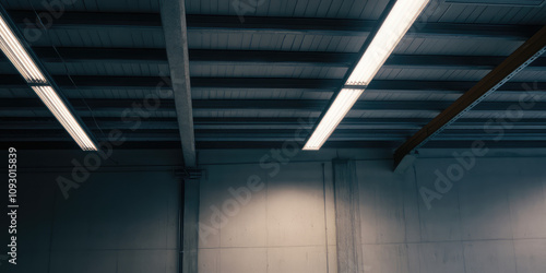 Ceiling of production room with panel lighting, rows of industrial ceiling luminaires, lighting