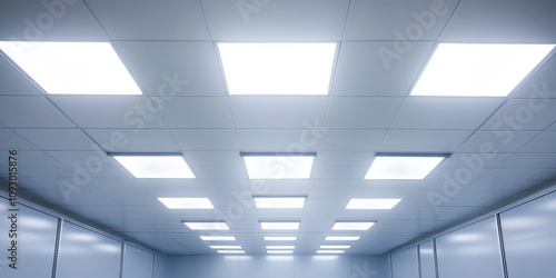 Ceiling of production room with panel lighting, rows of industrial ceiling luminaires, lighting
