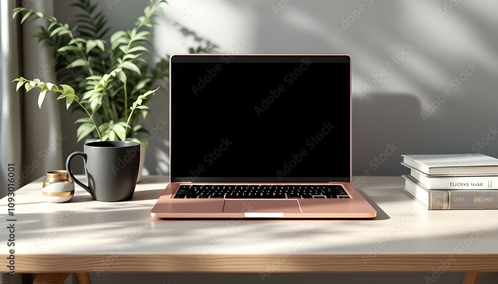 Modern Minimalist Vector Illustration of a Desk Setup with Laptop, Plant, and Coffee Cup Modern Minimalist Vector Illustration of a Desk Setup with Laptop, Plant, and Coffee Cup