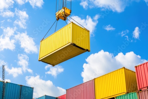 A yellow shipping container is being lifted by a crane against a blue sky.