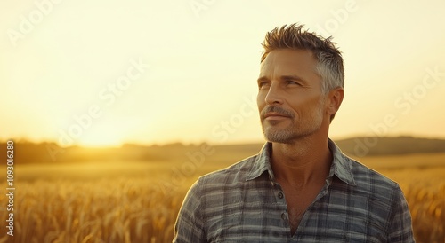 Smiling man in a wheat field during sunset showcasing a warm moment of agriculture